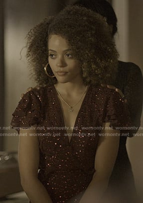 Tabitha’s burgundy embellished open-back dress on Trinkets