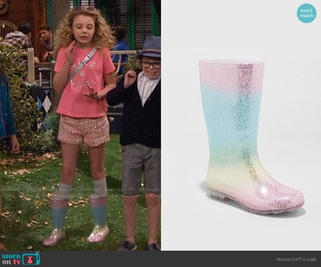Cat & Jack Evelyn Glitter Rain Boots worn by Destiny Baker (Mallory James Mahoney) on Bunkd