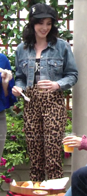 Tessa’s leopard print pants and cropped denim jacket on The Young and the Restless