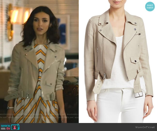 Theory Shrunken Moto Jacket worn by Alicia Mendoza (Denyse Tontz) on Grand Hotel
