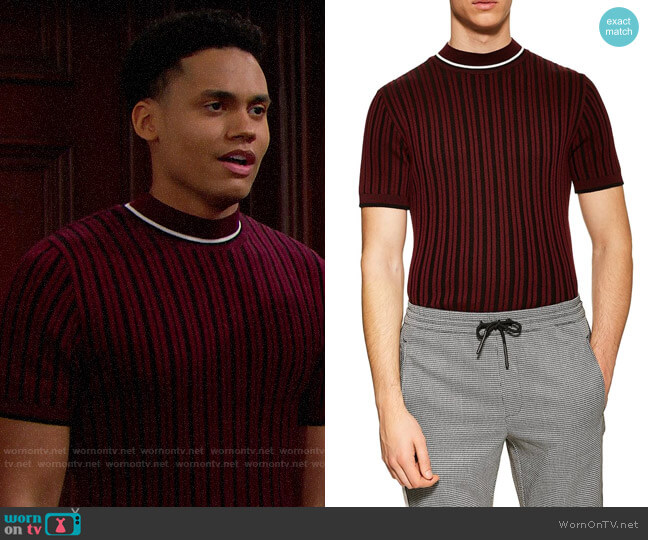Topman Short Sleeve Sweater in Burgundy worn by Xander Avant (Adain Bradley) on The Bold and the Beautiful