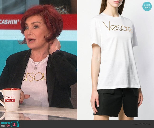 Versace Metallic Logo T-shirt worn by Sharon Osbourne on The Talk