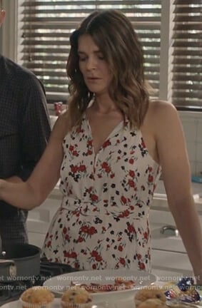Heather’s white floral belted dress on Life in Pieces