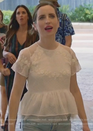 Jen’s white floral lace top on Life in Pieces