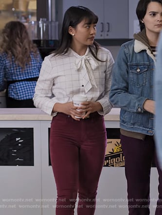 Rachelle’s white check tie neck blouse on Trinkets