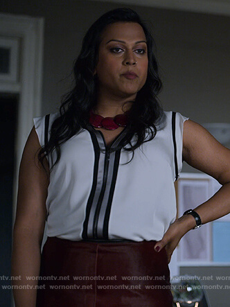 Gillian’s white zip front blouse on Jessica Jones