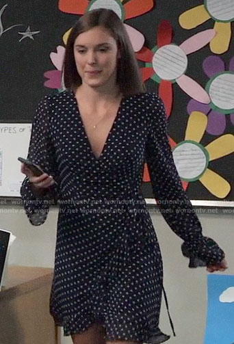 Willow’s navy polka dot wrap dress on General Hospital