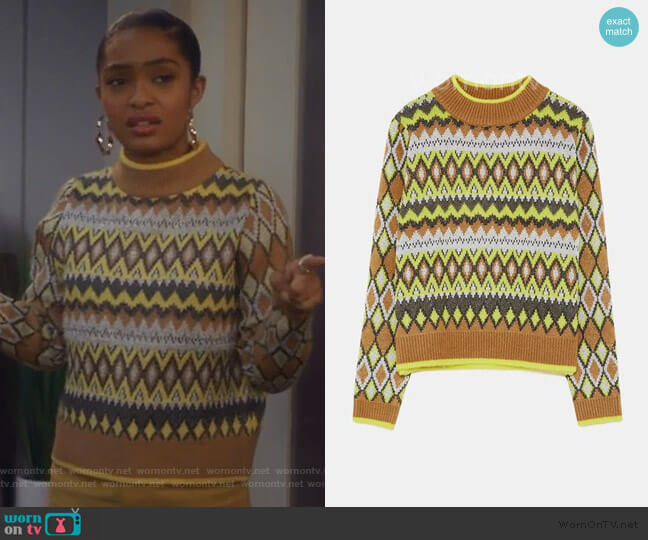 Zara Argyle Knit Sweater worn by Zoey Johnson (Yara Shahidi) on Grown-ish