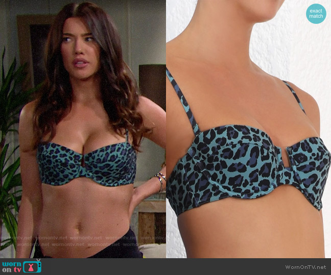 Zimmermann Sculpt Balconette Bikini in Teal Leopard worn by Steffy Forrester (Jacqueline MacInnes Wood) on The Bold and the Beautiful