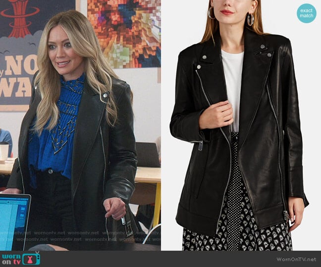 Akira Naka Leather Belted Moto Jacket worn by Kelsey Peters (Hilary Duff) on Younger