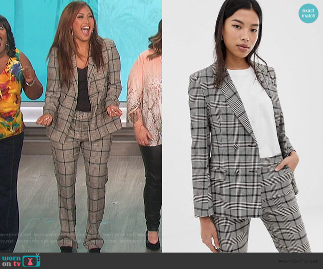 ASOS Double Breasted Suit Blazer in check with burgundy worn by Carrie Inaba on The Talk