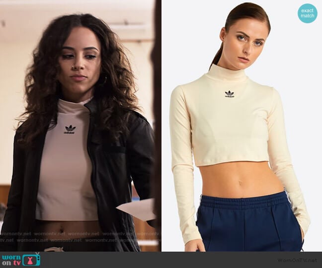 Adidas Long Sleeve Styling Complements Crop Top worn by Moe Truax (Kiana Madeira) on Trinkets