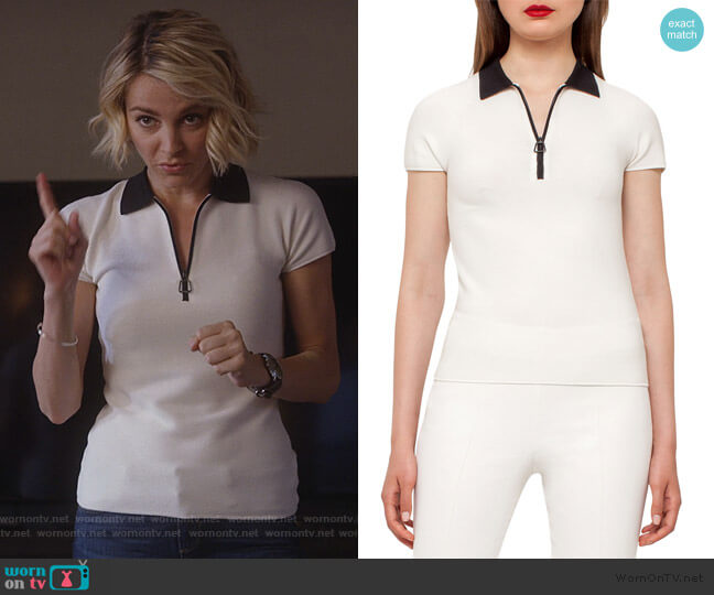 Akris Bicolor Zip-Front Polo Shirt worn by Lizzie Needham (Bojana Novakovic) on Instinct