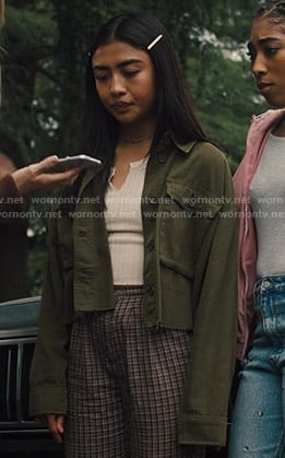 Alex’s green cropped utility jacket on Light as a Feather