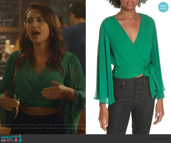 Alice + Olivia Bray Pleat Sleeve Wrap Top worn by Ana Torres (Francia Raisa) on Grown-ish