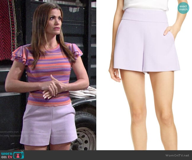 Alice + Olivia Donald Shorts in Orchid worn by Chelsea Lawson (Melissa Claire Egan) on The Young and the Restless