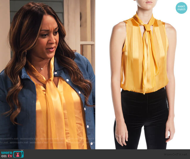 Alice + Olivia Gwenda Sleeveless Paneled Tie-Neck Blouse worn by Cocoa McKellan (Tia Mowry-Hardrict) on Family Reunion