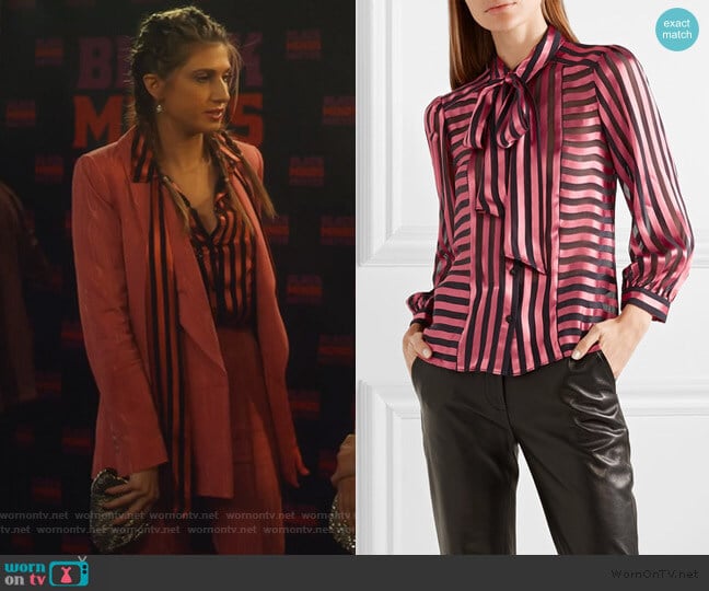 Alice + Olivia Willis pussy-bow striped satin Blouse worn by Nomi Segal (Emily Arlook) on Grown-ish