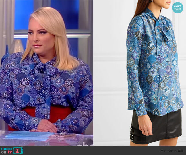 Altuzarra Visage pussy-bow printed silk blouse worn by Meghan McCain on The View