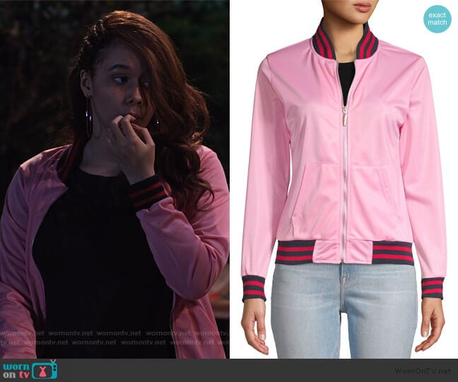 American Stitch Contrast-Trimmed Bomber Jacket worn by Jade (Talia Jackson) on Family Reunion