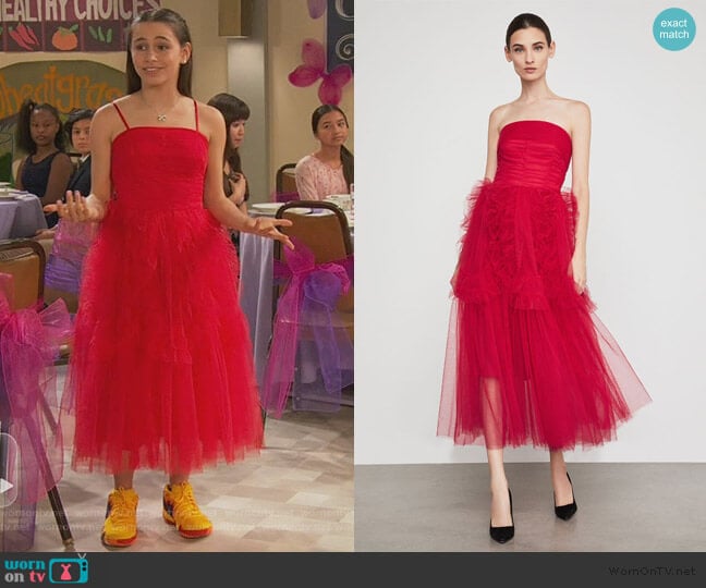 BCBGMAXAZRIA Strapless Ruffle-Trimmed Gown worn by Tess O'Malley (Sky Katz) on Ravens Home