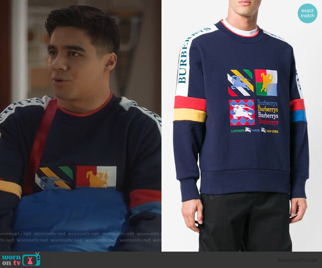 Burberry Colour Block Embroidered Archive Logo Sweater worn by Vivek Shah (Jordan Buhat) on Grown-ish