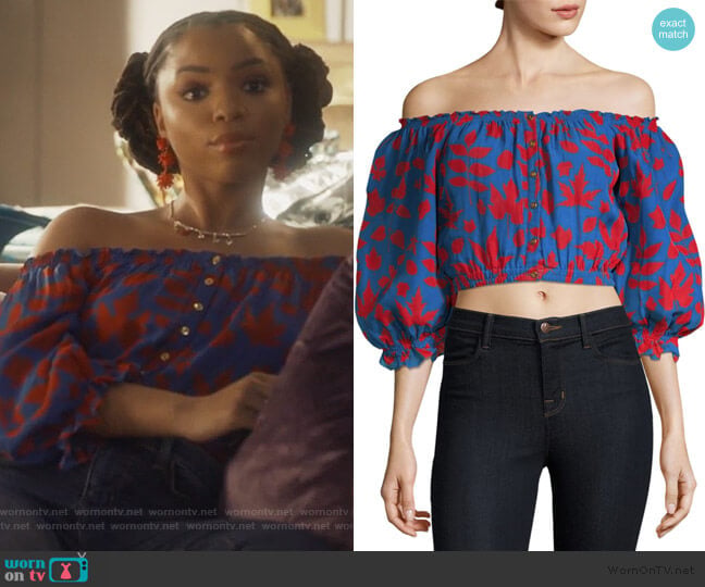 Carolina K Alexa Off-The-Shoulder Crop Blouse worn by Jazlyn Forster (Chloe Bailey) on Grown-ish