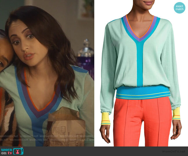 Diane von Furstenberg Long-Sleeve V-Neck Pullover Knit Top worn by Ana Torres (Francia Raisa) on Grown-ish