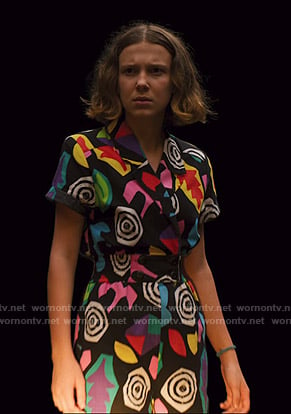 El’s black multicolored print romper on Stranger Things