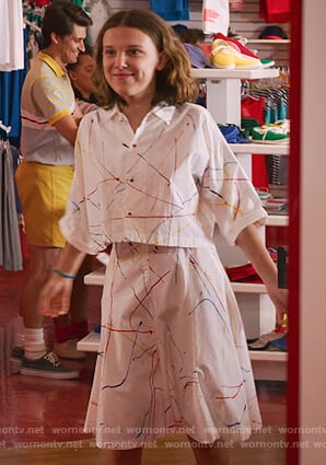 El’s white splatter print top and skirt on Stranger Things