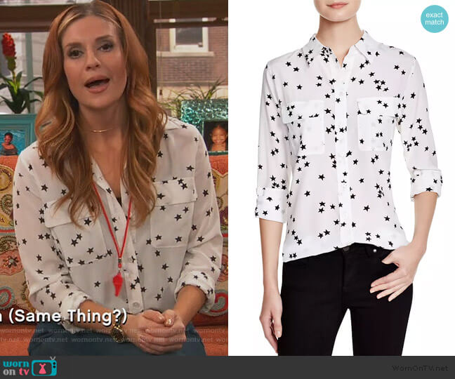 Equipment Slim Signature Silk Top worn by Chelsea Grayson (Anneliese van der Pol) on Ravens Home