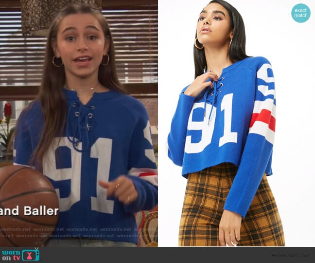 Forever 21 Lace-Up Varsity-Striped Sweater worn by Tess O'Malley (Sky Katz) on Ravens Home