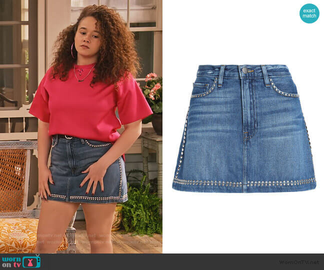 FRAME Studded faded denim mini skirt worn by Jade (Talia Jackson) on Family Reunion