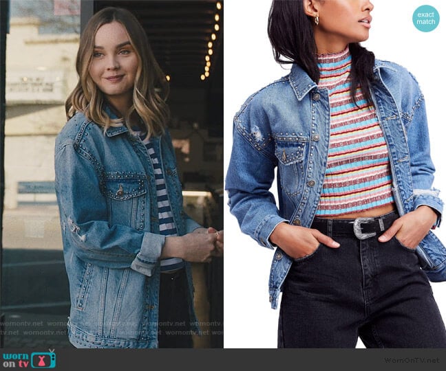 Free People Studded Trucker Denim Jacket worn by McKenna Brady (Liana Liberato) on Light as a Feather