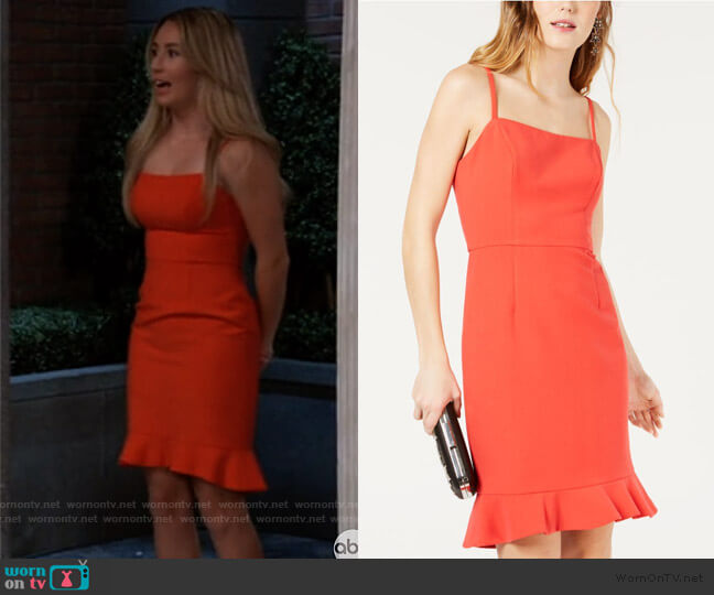French Connection Whisper Sweetheart Ruffled-Hem Dress in Fire Coral worn by Josslyn Jacks (Eden McCoy) on General Hospital