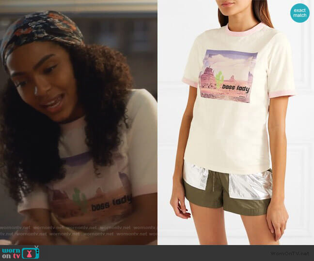 Ganni Printed jersey T-shirt worn by Zoey Johnson (Yara Shahidi) on Grown-ish
