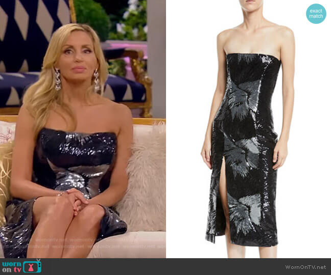 Halpern Strapless Starburst-Sequin Fitted Cocktail Midi Dress worn by Camille Grammer on The Real Housewives of Beverly Hills