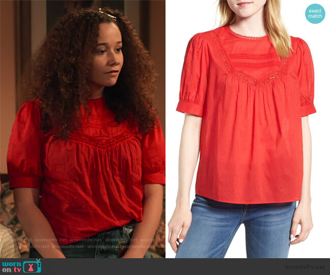 Hinge Lace Trim Cotton Top worn by Jade (Talia Jackson) on Family Reunion