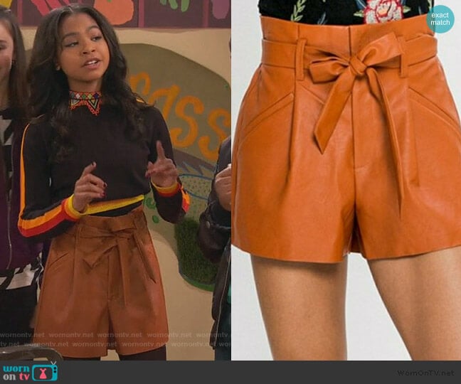 Jealous Tomato Leather Shorts Tie Waist Skirt worn by Nia Baxter (Navia Robinson) on Ravens Home