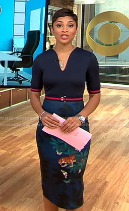 Jericka’s navy cheetah print sheath dress on CBS This Morning