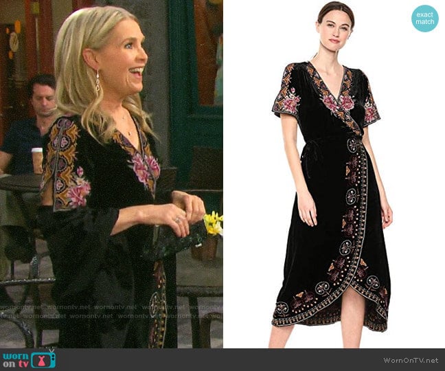 Johnny Was Joanna Embroidered Velvet Wrap Dress worn by Jennifer Horton (Melissa Reeves) on Days of our Lives