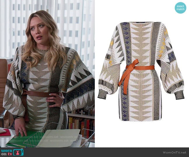 Louis Vuitton Jacquard Knit Dress with Open Sleeves worn by Kelsey Peters (Hilary Duff) on Younger