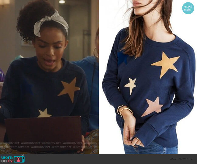 Madewell Navy Blue Star Print Sweatshirt worn by Zoey Johnson (Yara Shahidi) on Grown-ish