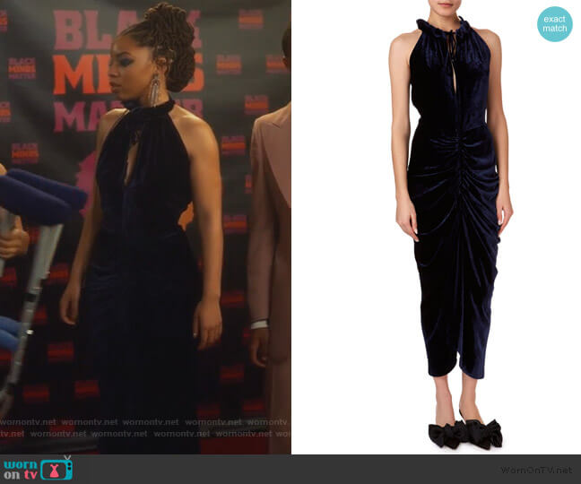 Magda Butrym Hilo Ruched Velvet Halter Midi Dress worn by Jazlyn Forster (Chloe Bailey) on Grown-ish