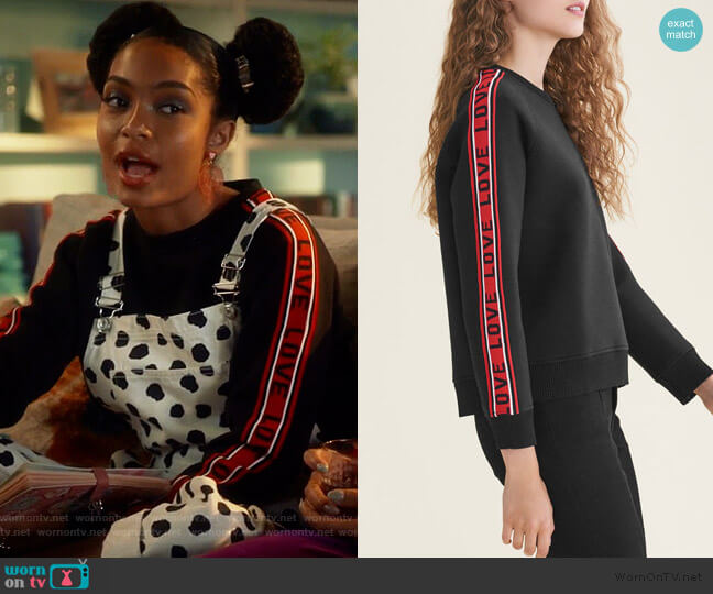 Maje Love cotton-blend sweatshirt worn by Zoey Johnson (Yara Shahidi) on Grown-ish