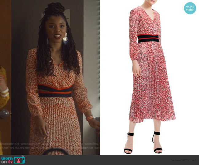 Maje Romilda Leopard Print Midi Dress worn by Jazlyn Forster (Chloe Bailey) on Grown-ish