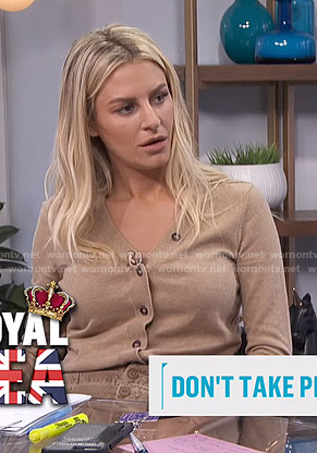 Morgan’s beige cardigan and corduroy skirt on E! News Daily Pop