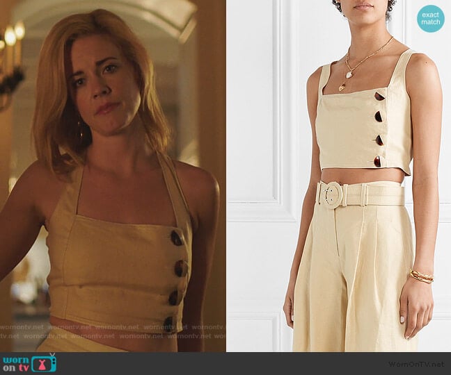 Nicholas Open-back cropped linen top worn by Kelly Anne Van Awken (Molly Burnett) on Queen of the South
