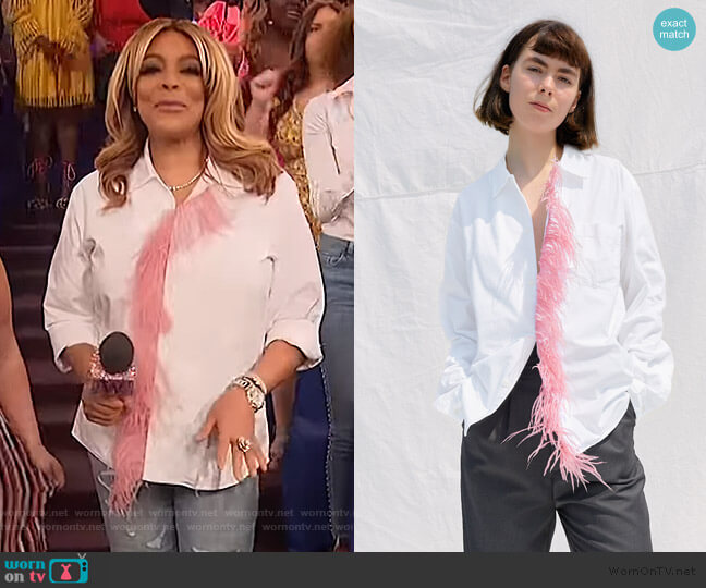 One DNA Dress Shirt with Pink Feather Detail worn by Wendy Williams on The Wendy Williams Show