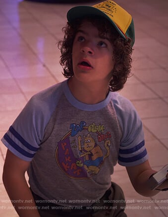 Dustin’s cat print ranglan tee on Stranger Things